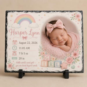 Personalized Baby, Soft Pink Newborn Plaque, UV Printed Image | Slate | Birth Stats, Floral Rainbow