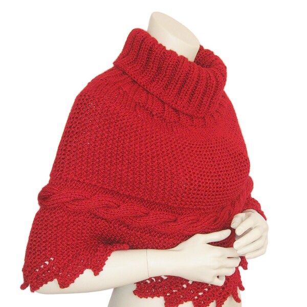 Red Poncho, hand knit poncho, women poncho,valentine's gift