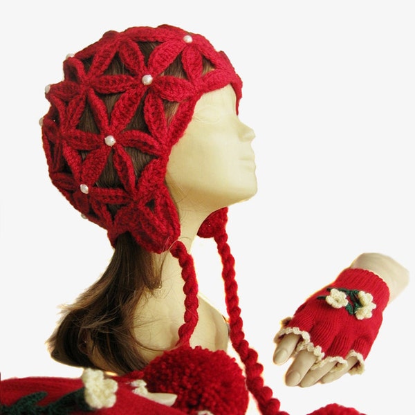 Hand crochet Hat,Knit Gloves,Women's crochet Hat,Red Hat and gloves,pearl hat,pompon hat,valentine's gift,christmas,Crochet accessories