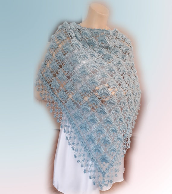 Handmade Crochet Blue Shawl: Mohair Wedding Wrap