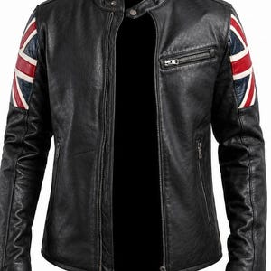 May include: A black jacket with a mandarin collar and a central zipper closure. The sleeves feature a Union Jack flag design in red, white, and blue. The jacket includes a zippered chest pocket and two lower side pockets, all with silver-toned hardware.