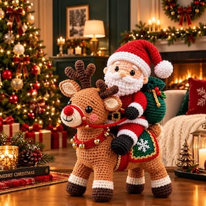 Op de afbeelding: Een gehaakte amigurumi-set bestaande uit een bruin rendier met donkerbruin gewei en een rode neus, met een kerstmanfiguur op de rug. De kerstman draagt een rood-wit pak, een bijpassende muts en draagt een groene zak met gouden afwerking.