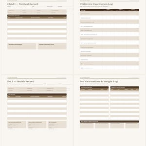 Può includere: Un pianificatore di cartelle cliniche familiari di quattro pagine con sezioni per il registro medico dei bambini, il registro delle vaccinazioni, la cartella clinica degli animali e il monitoraggio del peso. Layout marrone e beige.