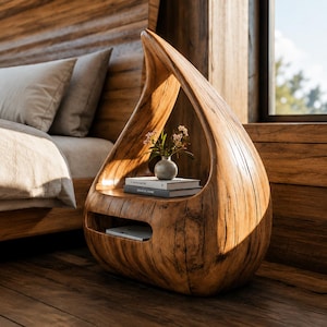 Könnte beinhalten: Ein tropfenförmiger Nachttisch aus Holz mit natürlicher Maserung, der über ein offenes oberes Fach mit einer kleinen Blumenvase und zwei gestapelten Büchern sowie ein unteres horizontales Ablagefach für ein Buch verfügt.