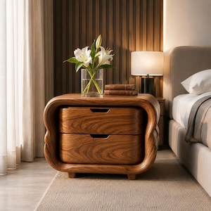 Può includere: Un comodino in legno con una struttura curva e arrotondata, dotato di due cassetti con maniglie integrate. Un vaso di vetro trasparente contenente fiori di giglio bianchi e due libri marroni impilati poggiano sulla superficie del comodino.