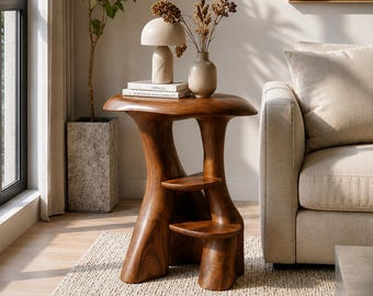 Handcrafted Solid Wood Organic Nightstand with Sculptural Shelves Modern Rustic Bedside Table Natural Walnut End Table Wood Accent Table