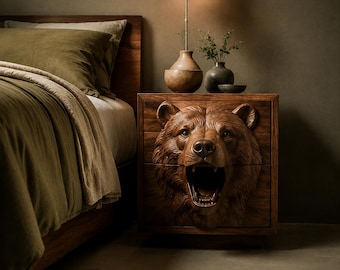 Handgefertigte Massivholz Bärenkopf Nachttisch Rustikale 2 Schubladen Nachttisch Wildtiere Geschnitzten Holz Beistelltisch Luxus Schlafzimmer Schrank