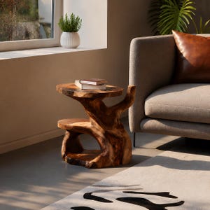 Pode incluir: Uma mesa lateral de madeira natural com um design de vários níveis, apresentando duas superfícies horizontais distintas esculpidas a partir de uma única peça de madeira. A mesa exibe um veio castanho rico, bordos curvos orgânicos e uma base sólida.