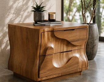 Handgefertigte Massivholz Nachttisch mit 2 Schubladen Moderner Organischer Nachttisch Holz Beistelltisch Zeitgenössischen Schlafzimmer Schrank