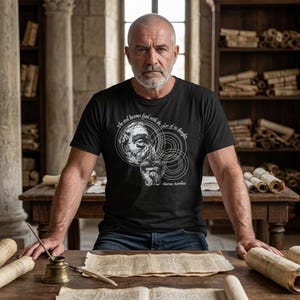 Pode incluir: Uma t-shirt preta com uma impressão gráfica branca de um rosto barbudo rodeado por círculos concêntricos e o texto, The soul becomes dyed with the color of its thoughts, seguido pelo nome Marcus Aurelius em fonte cursiva.