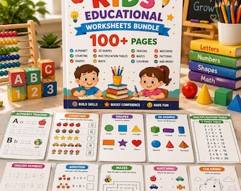 Pacchetto di oltre 100 schede didattiche per la scuola materna / Tracciamento dell'alfabeto, conteggio, forme, attività di matematica / PDF stampabile / Età 3-7 anni / Download immediato