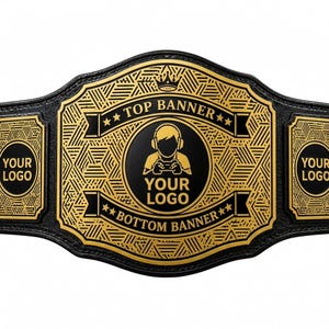 May include: A black leather championship belt featuring a central gold plate with intricate geometric patterns, a crown icon, and text reading TOP BANNER, BOTTOM BANNER, and YOUR LOGO. Two side plates also display the text YOUR LOGO in gold.