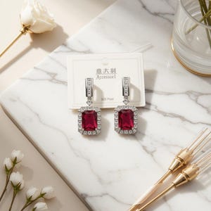 Ruby Red Crystal Halo Drop Earrings, Silver Tone Statement Jewelry