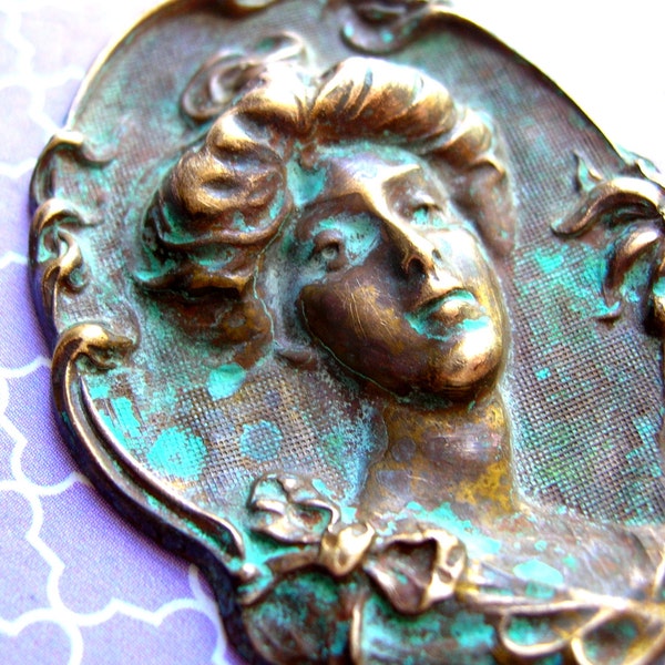 Clearance , Brass Stamping - Antiqued Brass - Cameo Stamping - Gibson Girl - Brass Cameo - Art Nouveau Stamping - Green Patina