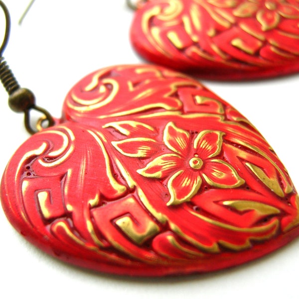 Clearance , Red Heart Earrings, Art Nouveau Style Earrings, Gift For Her , Stocking Stuffer