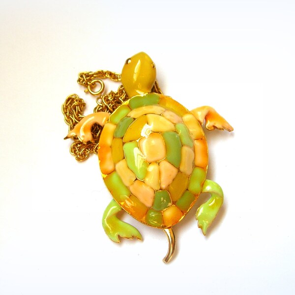 Vintage enamel sea turtle necklace ,vintage jewelry