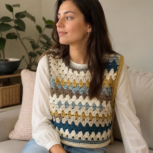 May include: A sleeveless crochet vest featuring a multi-colored granny square pattern in shades of cream, mustard yellow, light blue, and dark teal. The garment has a round neckline and a thick, solid cream-colored ribbed hem at the bottom edge.