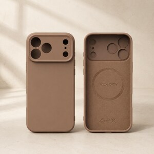 May include: A matte brown phone case shown from the front and back. The front view displays a raised camera cutout. The interior view features a circular magnetic charging ring, the brand name YCADEN, and small recycling and disposal icons.