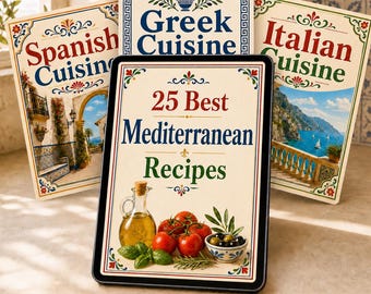 Ricettario estivo mediterraneo in formato digitale: 25 ricette di Grecia, Italia e Spagna, download immediato in PDF.