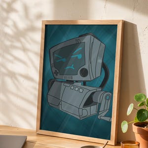 May include: A framed digital art print featuring a grey, boxy robot character with a screen for a head, displaying a grumpy facial expression with glowing blue eyes and a mouth, set against a dark teal background with subtle diagonal lines.