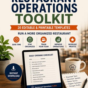 Restaurant Operations Toolkit, 20 Restaurant Management Templates, Opening Closing Checklists, Inventory and Employee Forms