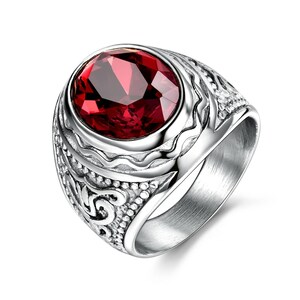 Men’s Gothic Filigree Lab Ruby Ring, Oval Sterling Silver Band, Viking Norse Style Cocktail