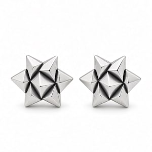 Multi-Pyramid Geometric Star Silver Stud Earrings, Angular Polyhedron Post Jewelry, Edgy Modern Studs