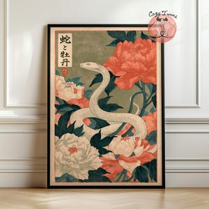 Japansk ormposter, väggkonst med pionblomma, vintage japansk djurdekor, botaniskt ormtryck