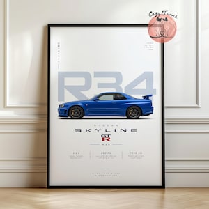 Op de afbeelding: Een ingelijste poster met een blauwe Nissan Skyline R34 sportwagen in profiel. Het ontwerp bevat de tekst R34, Nissan Skyline, GT-R en technische specificaties zoals 2.6L, 280 PS en 1550 KG. De achtergrond is wit met zwarte tekst.