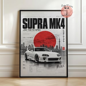 Puede incluir: Un póster vertical que muestra un coche Toyota Supra MK4 blanco centrado frente a un gran círculo rojo y el horizonte de una ciudad. El texto dice SUPRA MK4, JDM TOKYO SPEC, e incluye caracteres japoneses y especificaciones técnicas.