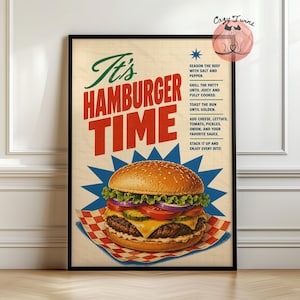 Op de afbeelding: Een ingelijste poster met een grote hamburger op rood-wit geblokt papier. De tekst luidt It's HAMBURGER TIME met instructies voor het kruiden, grillen, roosteren en samenstellen van de burger. Een klein logo met twee katten staat bovenaan.