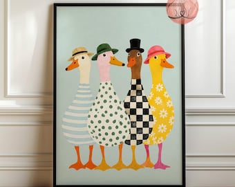 May include: A framed wall art print featuring four ducks standing in a row against a light blue background. The ducks wear hats and patterned clothing: blue stripes, green polka dots, a black and white checkerboard, and yellow daisies.