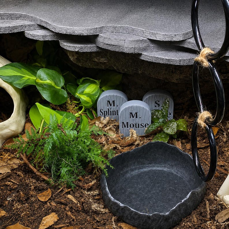 May include: A terrarium setup featuring three small grey tombstone-shaped markers with the text M. Splint, M. Mouse, and S. engraved on them. The scene includes a dark grey textured bowl, green foliage, a white curved structure, and black rings.