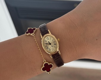 Minimalist Women’s Watch Gold Case, Leather Strap Watch, Gift for Her, Elegant Everyday