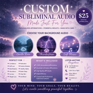 May include: A purple digital graphic for custom subliminal audio featuring text options for background sounds like gentle rain, thunderstorm, or soft music. It lists benefits like confidence, motivation, and sleep, plus technical details about MP3 delivery.