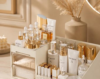 Organizador de cosméticos con cajones para tocador, estante para guardar maquillaje, organizador de escritorio para dormitorio, regalo de decoración para el hogar para ella.