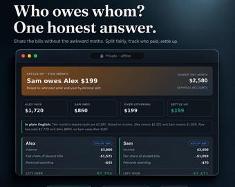Couples Budget Planner - Split Shared Bills Fairly, See Who Owes Whom - 50/50 or by Income, Joint or Separate Accounts, Offline App