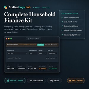 May include: A digital Complete Household Finance Kit by CraftedLogicLab featuring five apps. The interface displays a budget dashboard with fields for income, planned and actual expenses, and surplus. A list includes a family budget, debt tracker, sinking fund, paycheck, and couples budget planner.