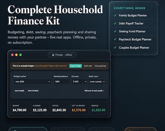 Complete Household Finance Kit | Budget, Debt, Sinking Fund, Paycheck and Couples Apps | Offline, Private, 5-in-1 Money Toolkit