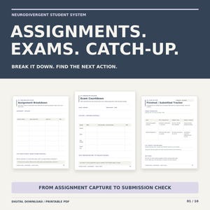 Könnte beinhalten: Ein digitales, druckbares PDF-System mit dem Titel Neurodivergent Student System, bestehend aus drei Seiten: Assignment Breakdown, Exam Countdown und Finished/Submitted Tracker. Der dunkelblaue Header zeigt den Text Assignments. Exams. Catch-up.