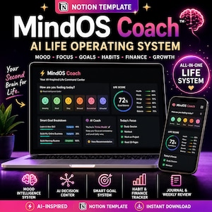 May include: A digital Notion template titled MindOS Coach, an AI life operating system displayed on a laptop and smartphone. The interface features a mood tracker, life score, smart goal breakdown, AI coach, and daily focus lists in a dark theme.