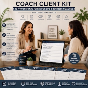 Peut inclure: Un kit client pour coach numérique comprenant 12 formulaires PDF remplissables pour coachs de vie et d'affaires. Le kit inclut un guide d'appel découverte, un formulaire d'admission, un accord, un plan de séance, un suivi de progrès et feedback.