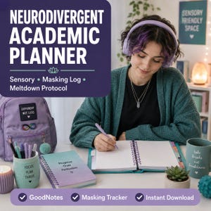 May include: A neurodivergent academic planner with a purple cover featuring the text 'Progress Over Perfection'. The planner is open on a desk next to a purple backpack, a teal mug with the text 'take breaks not breakdowns', and a pen.