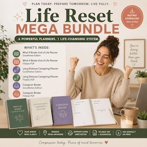 May include: A digital Life Reset Mega Bundle planner set featuring six planners including What If Binder, Long Distance Caregiving Planner, and Caregiver Binder in GoodNotes and fillable PDF formats with text, icons, and spiral-bound notebook visuals.