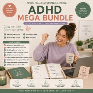 Può includere: Un sistema di pianificazione digitale ADHD Mega Bundle che include un'agenda a spirale con il testo 'small steps big change', un computer portatile, una tazza con 'organized mind happy life' e nove strumenti inclusi come adesivi e PDF.