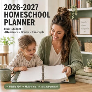 Homeschool Planner 2026-2027, Multi-Student, Attendance Tracker, Grades, Fillable PDF