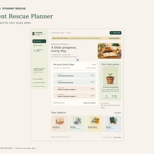 以下が含まれることがあります： Student Rescue Plannerのデジタルインターフェース。日々のタスクリスト、鉢植えのイラストがある学習ガーデンセクション、文学、生物学、数学、歴史などの科目カテゴリーが表示されたダッシュボード画面。