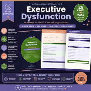May include: A digital workbook titled A Compassionate Approach to Executive Dysfunction for ADHD & Neurodivergent Brains. The dark purple cover features a green circle, while interior pages show a Breaking the Shame Spiral chart and a Daily Function Planner with fillable fields, 25 pages total.