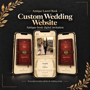 May include: Three smartphones display a custom wedding website with an antique book theme. The screens show a red book cover with gold text, a photo of a couple, and the names Amelia and Oliver with the date June 19, 2027, and Villa Bellavista.