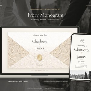 May include: A digital wedding invitation template displayed on a laptop and smartphone screen. The design features an ivory envelope with a lace texture, a gold wax seal, and the text Charlotte & James, June 29, 2017, Tuscany, Italy.